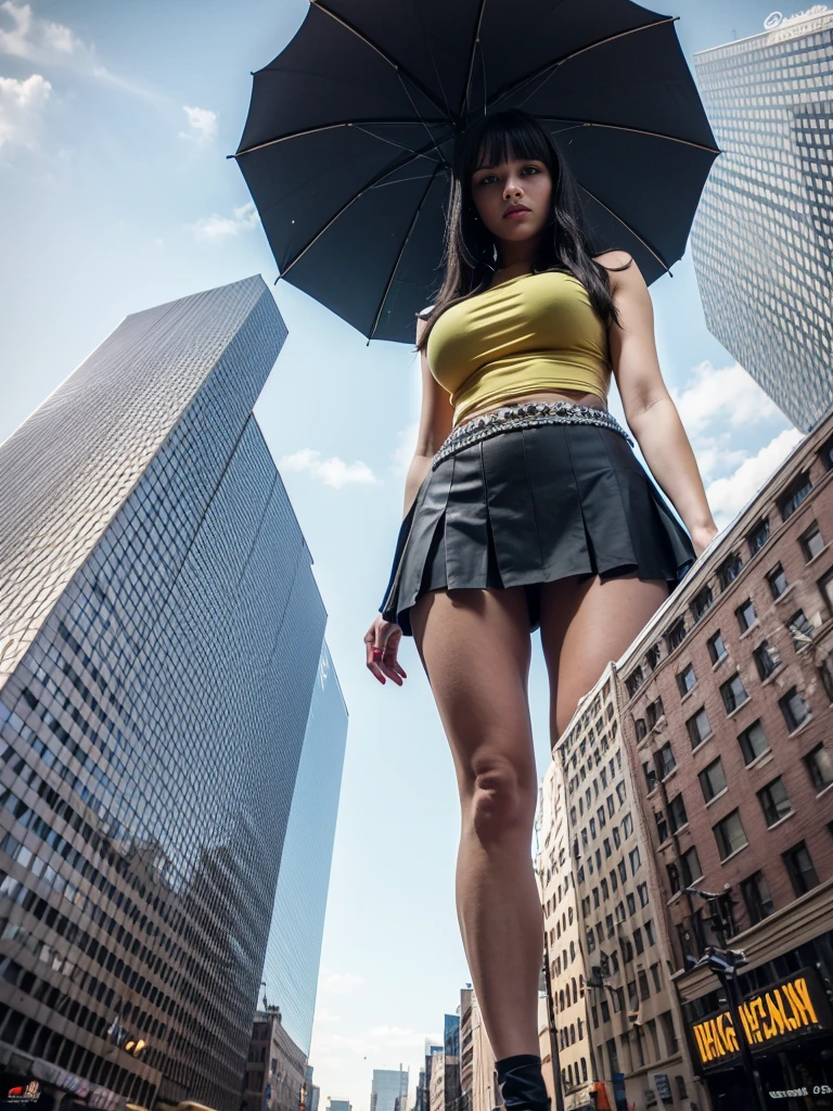 A towering Cleopatra in city with lifting skirt, breasts, looking at viewers, Her toned and she lean and slender body. She seems to be casually strolling through the bustling cityscape of New York City, as towering buildings loom overhead. Smoke and clouds roil around her, adding to the sense of epic scale and drama. The lighting is dark, gloomy, and realistic, creating a tense and ominous atmosphere. The perspective is from below, emphasizing the sheer majesty and power of the A towering Giantess.