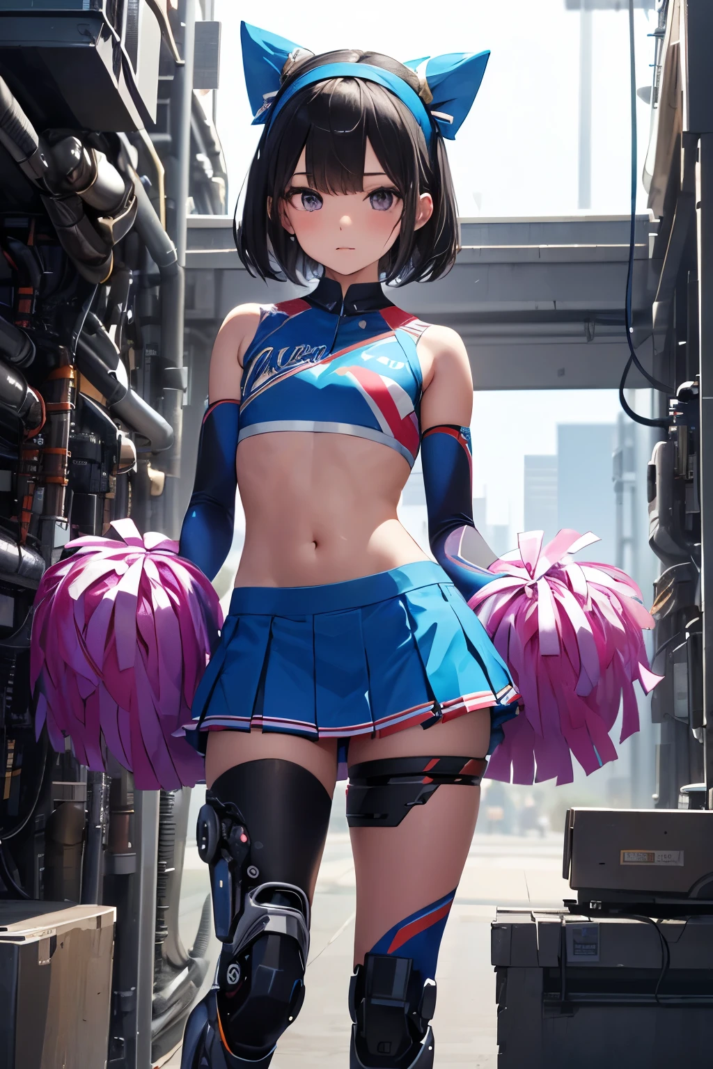   Garota ,Garota   , traje de líder de torcida futurista ,mini-skirt  colada ,peito achatado ,cabelo preto curto frinje ,(corpo loli), bandana mecânica, roxo , melhor qualidade, 8K ,uniforme de líder de torcida , braços ciborgues. Membros Mecânicos Metal,  pernas mecânicas .Cabos de alimentação conectados na máquina. Circuitos  