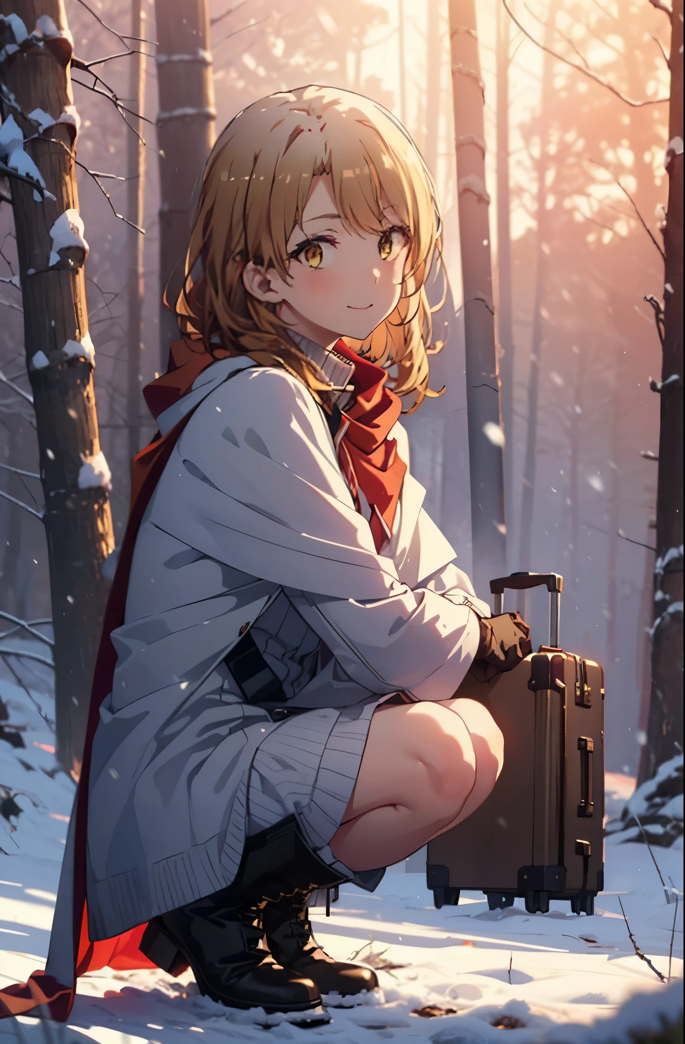 irohaisshiki, iroha isshiki,  Brown Hair, (Brown eyes:1.5), smile,snow, Long Hair, Food, fire, Outdoor, Brown Hair, boots, snowing, From the side, wood, suitcase, Cape, Blurred, Food up, forest, gloves, nature, Brown eyes, red gloves, Squat, Mouth closed, Fooded Cape, winter, Written boundary depth, Black shoes, red Cape
break looking at viewer,
break (masterpiece:1.2), highest quality, High resolution, unity 8k wallpaper, (shape:0.8), (Fine and beautiful eyes:1.6), Highly detailed face, Perfect lighting, Highly detailed CG, (Perfect hands, Perfect Anatomy),