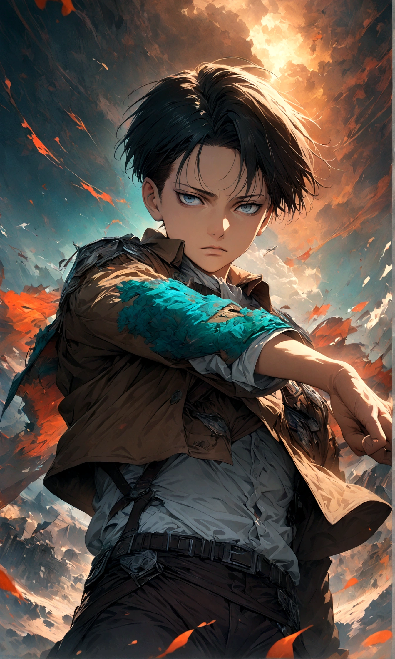 1 male,Levi Ackerman,Attack on Titan,,Intricate details,Wide range of colors,artwork,rendering,(masterpiece:1.3),(highest quality:1.4),(Super detailed:1.5),High resolution,Very detailed,unity 8k wallpaper,Decadent,Wind