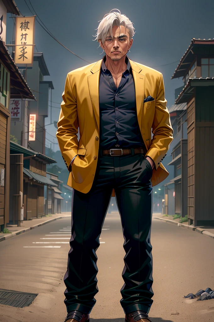 master part, best quality, cowboy shot, cidade, Noite, tokyolagii, sorrir, Hands in pockets Krishnasmt, kalap, homem de pele escura, cabelos azuis, suit jacket, shorts, Botas, 8K, Corpo inteiro, andando para frente da camera.