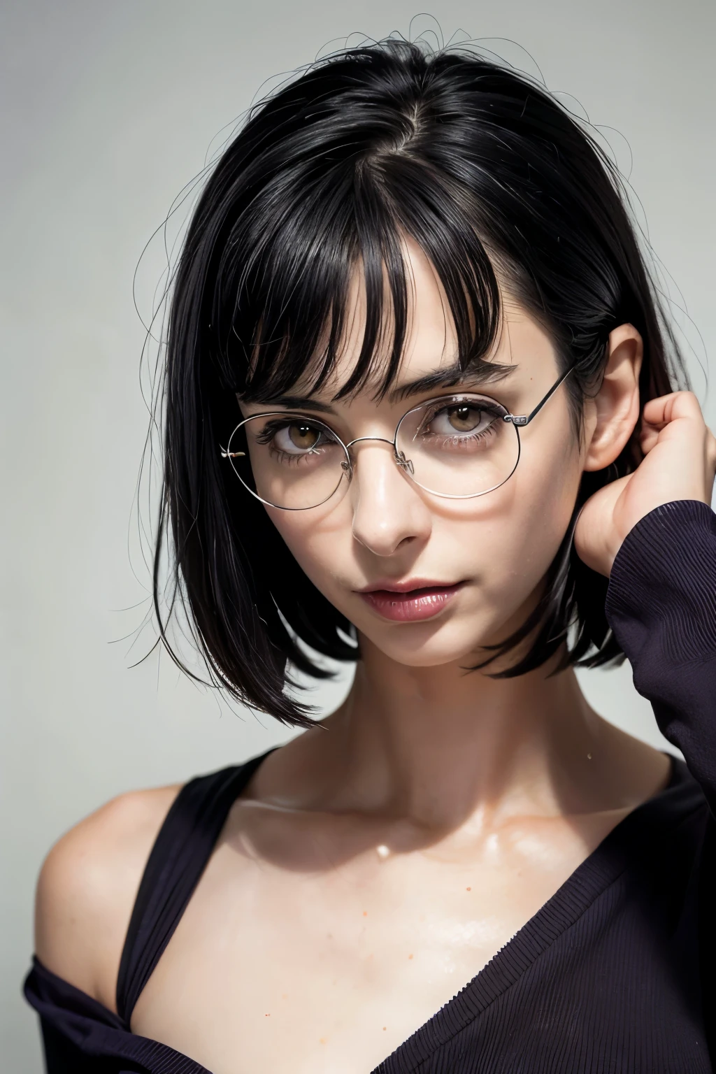 (photo seen from below, focus on the vagina)(16 year old woman), (black hair, short hair, bangs, hair down to her shoulders) ((round glasses on her face, purple eyes))(white skin) western face, dark circles , sad and tired and droopy face, pimples on the face, thin nose, ((best quality)), ((ultra resolution) ), ((Photorealistic: 1.4)), (complex details), (clothes: full naked), waist slim.