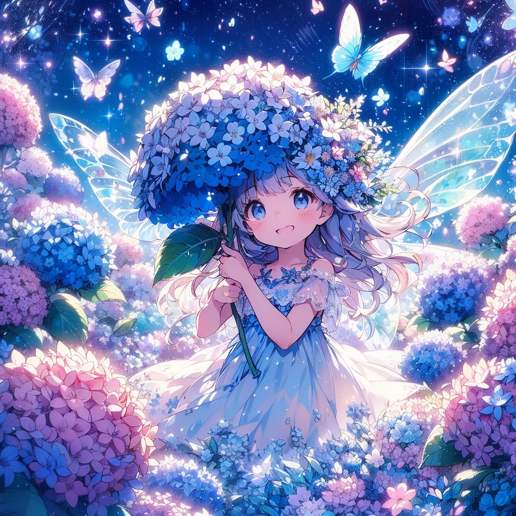 (An exquisite and beautiful highly detailed masterpiece, High quality and high resolution),(A two-dimensional illustration inspired by pixiv, featuring a neat, clear, and well-proportioned face drawn with thin lines, that went viral on Twitter,Cute and delicate beautiful girl illustration in pastel colors) ,A fairy in the shape of a hydrangea stands happily in a fantastical flower garden where hydrangeas are in full bloom under the starry sky.,whole body,Beautiful hydrangea with fluttering petals,(Transparent fairy wings grow from your back), (Beautiful small tiara, earrings and choker),Hydrangea-inspired ball gown dress, Lace and frills inspired by hydrangeas, (Her cheeks are a pale pink, Plump pink lips, And a large bust, She became a fair-skinned girl with a good figure..),Colored pencil art,Vibrant and eye-catching colors,Dynamic Angle