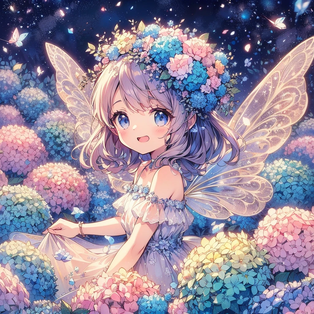 (An exquisite and beautiful highly detailed masterpiece, High quality and high resolution),(A two-dimensional illustration inspired by pixiv, featuring a neat, clear, and well-proportioned face drawn with thin lines, that went viral on Twitter,Cute and delicate beautiful girl illustration in pastel colors) ,A fairy in the shape of a hydrangea stands happily in a fantastical flower garden where hydrangeas are in full bloom under the starry sky.,whole body,Beautiful hydrangea with fluttering petals,(Transparent fairy wings grow from your back), (Beautiful small tiara, earrings and choker),Hydrangea-inspired ball gown dress, Lace and frills inspired by hydrangeas, (Her cheeks are a pale pink, Plump pink lips, And a large bust, She became a fair-skinned girl with a good figure..),Colored pencil art,Vibrant and eye-catching colors,Dynamic Angle