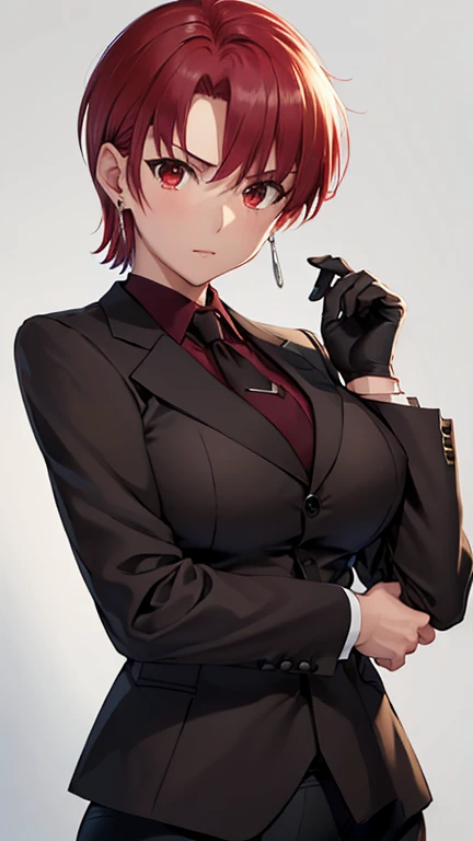 (masterpiece, highest quality:1.2), bazett, FGO, One girl, alone, short hair, Redhead, bangs, Red eyes,  Big Breasts, Black gloves, Formal suit, tie, Jacket, Upper Body, Earrings, Pulling off your pants、Cute Panties