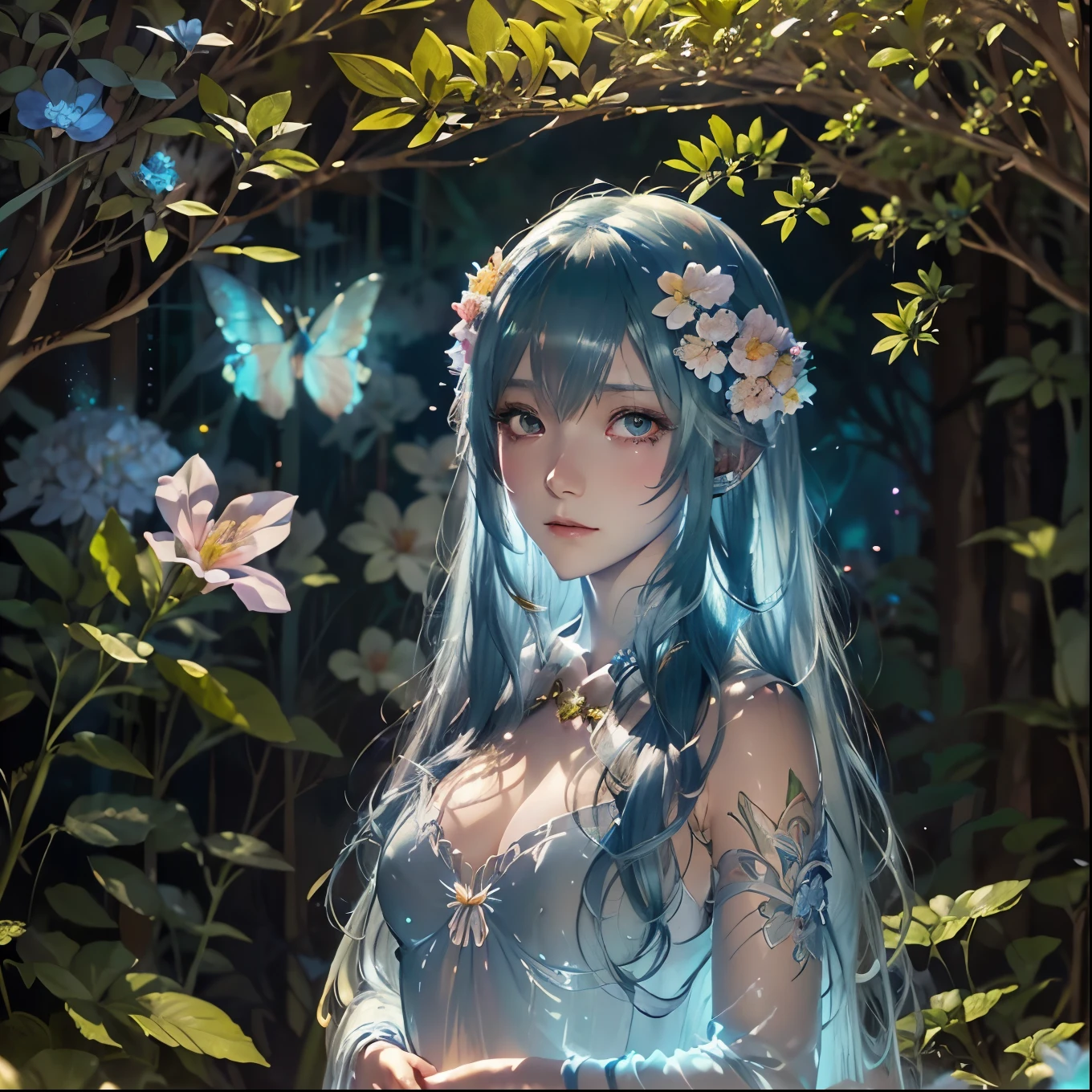 Anime girl with blue hair and flowers in her hair, Detailed digital anime art, Alphonse Mucha and Rosdrose, Exquisite digital illustrations, Beautiful artwork illustration, Digital art on pixiv, Inspired by Ross Tran, Very detailed fan art, Lostland Style, Beautiful digital illustrations, Moebius + Barbaric + Wow, Ross Tran style, Anime fantasy illustration