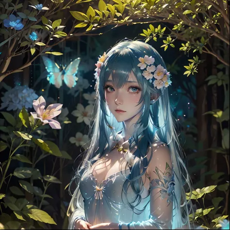 Anime girl with blue hair and flowers in her hair, Detailed digital anime art, Alphonse Mucha and Rosdrose, Exquisite digital il...