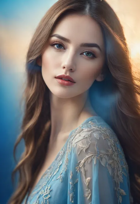 A beautiful woman with long hair, very detailed closeup of her face and lips, in an ethereal style, featuring shadows, warm tone...