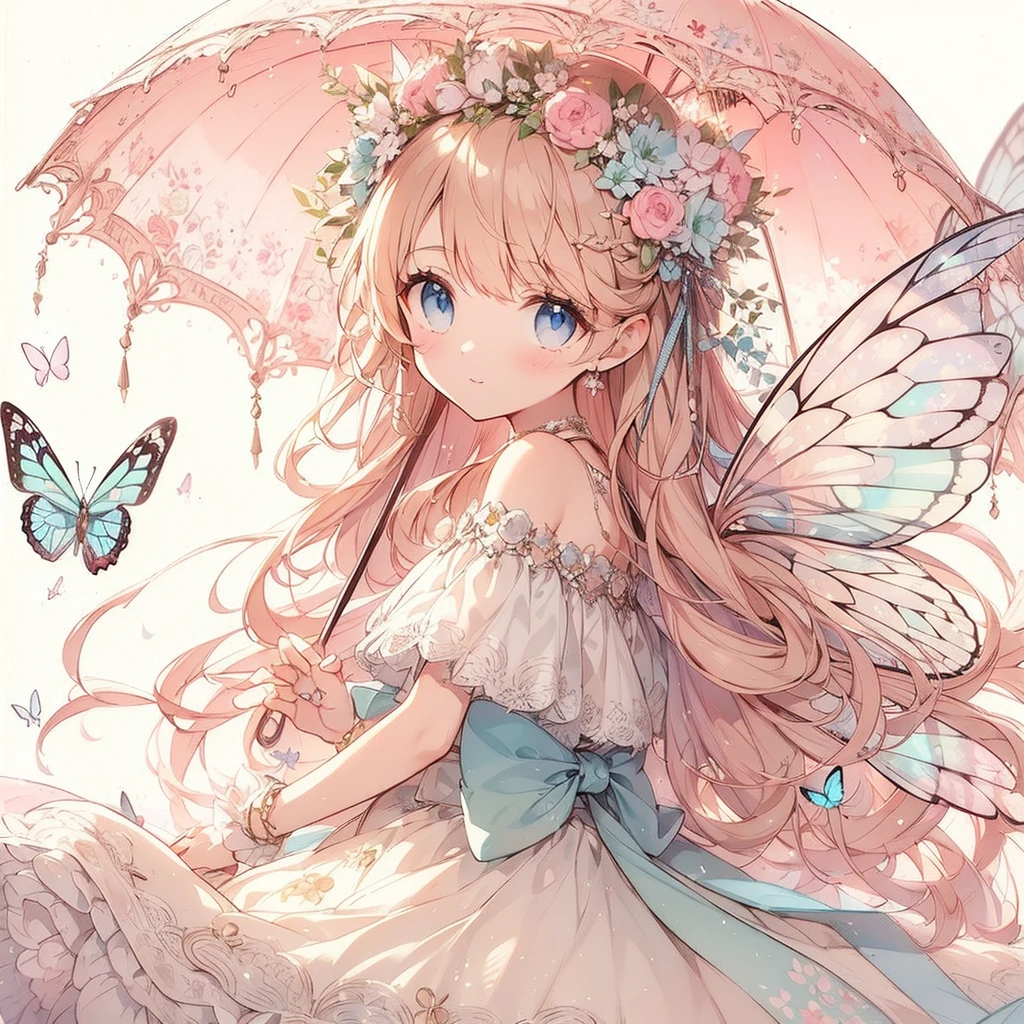 (Exquisite, beautiful, Very detailed, masterpiece, high quality,High resolution),(Well-formed face,Soft and thin lines: 1.2, Beautiful and delicate illustrations with a mature and transparent feel, Pixiv-inspired anime illustration,Cute pastel-colored girl-style illustrations that are going viral among Japanese people on Twitter),A fairy princess with a delicate and beautiful well-formed face,Beautiful Under the blue sky and fluffy clouds, a fairy princess with butterfly-like fairy wings growing from her back is floating in the sky, A little far away so you can see the whole body,Vibrant sky and clouds, Smiling and looking very happy,Diamond tiara, earrings and necklace, A pastel colored ball gown dress with balloon sleeves and fluffy shoulders, decorated with jewels, lace and frills with a cloud motif, and fluffy white marshmallow-like fluttering.,(Beautiful fairy wings like a butterfly growing from its back:1.5), Pale pink cheeks and plump pink lips,Big bust, fair skin, good figure,Fluffy, puffy clouds,Vibrant pastel colors,Gentle sunshine,watercolor style:1.5