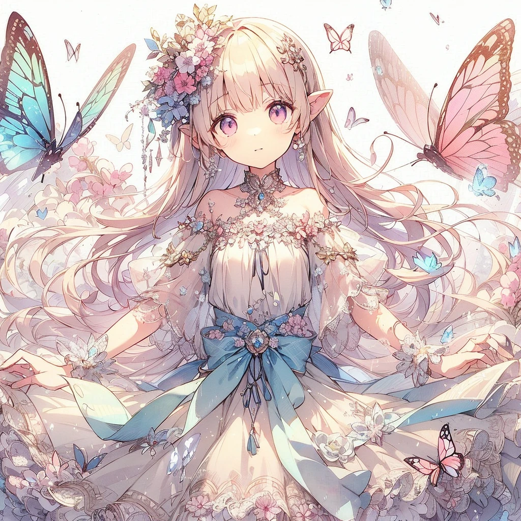 (Exquisite, beautiful, Very detailed, masterpiece, high quality,High resolution),(Well-formed face,Soft and thin lines: 1.2, Beautiful and delicate illustrations with a mature and transparent feel, Pixiv-inspired anime illustration,Cute pastel-colored girl-style illustrations that are going viral among Japanese people on Twitter),A fairy princess with a delicate and beautiful well-formed face,Beautiful Under the blue sky and fluffy clouds, a fairy princess with butterfly-like fairy wings growing from her back is floating in the sky, A little far away so you can see the whole body,Vibrant sky and clouds, Smiling and looking very happy,Diamond tiara, earrings and necklace, A pastel colored ball gown dress with balloon sleeves and fluffy shoulders, decorated with jewels, lace and frills with a cloud motif, and fluffy white marshmallow-like fluttering.,(Beautiful fairy wings like a butterfly growing from its back:1.5), Pale pink cheeks and plump pink lips,Big bust, fair skin, good figure,Fluffy, puffy clouds,Vibrant pastel colors,Gentle sunshine,watercolor style:1.5