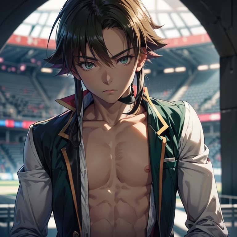 ((ultra realista)), ((imagem perfeita)), ((rosto perfeito)), ((ultra detalhado)), ((corpo inteiro))a boy standing in an arena, garoto de sobretudo, green eyes peasant clothes, ((estilo tatsumi, akame ga kill))