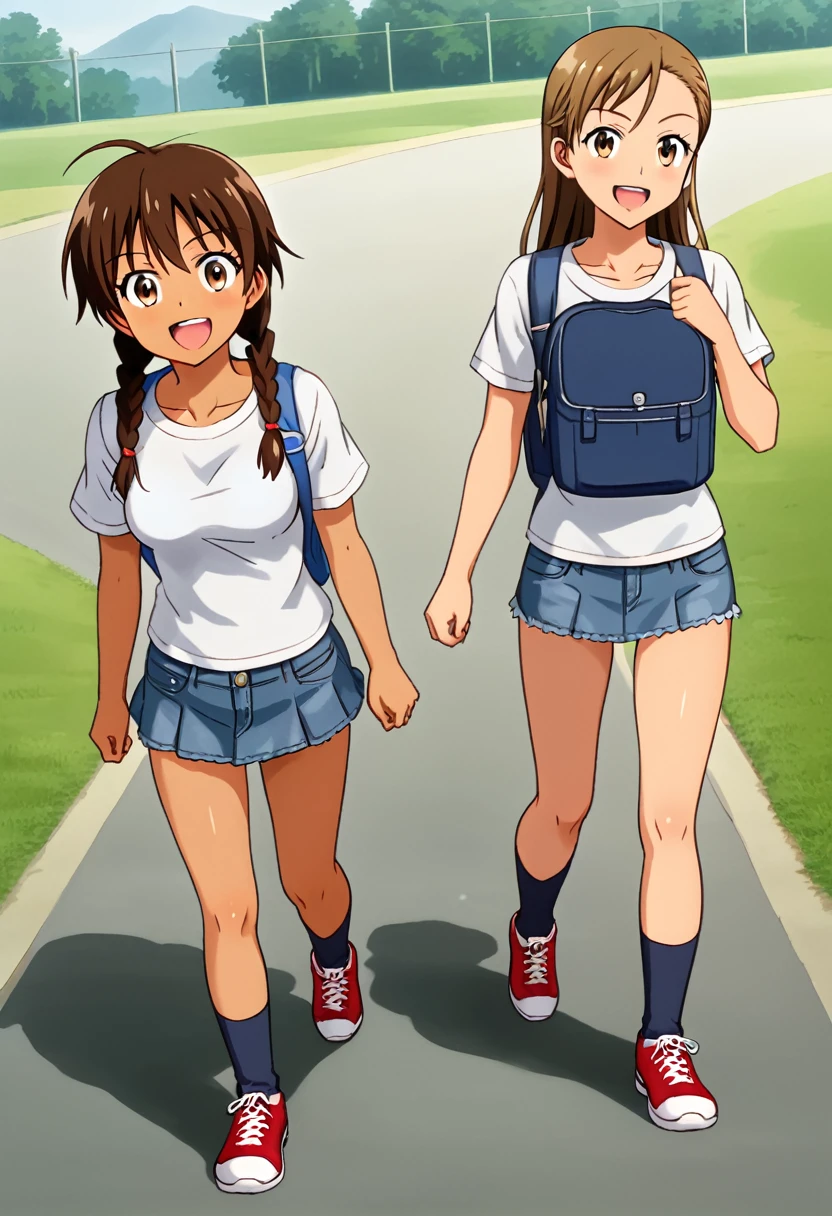 girl 9 years old, sexy , brown eyes, brown hairstyle long braids, tanned, white t-shirt, denim skirt, blue socks, red sneakers, blue backpack, naive smile, excited, walking along a country road, ecchi manga, style Yoshitoshi Abe, CG, HD8K, no text, cinematic, dramatic, POV, dynamic view, full body,