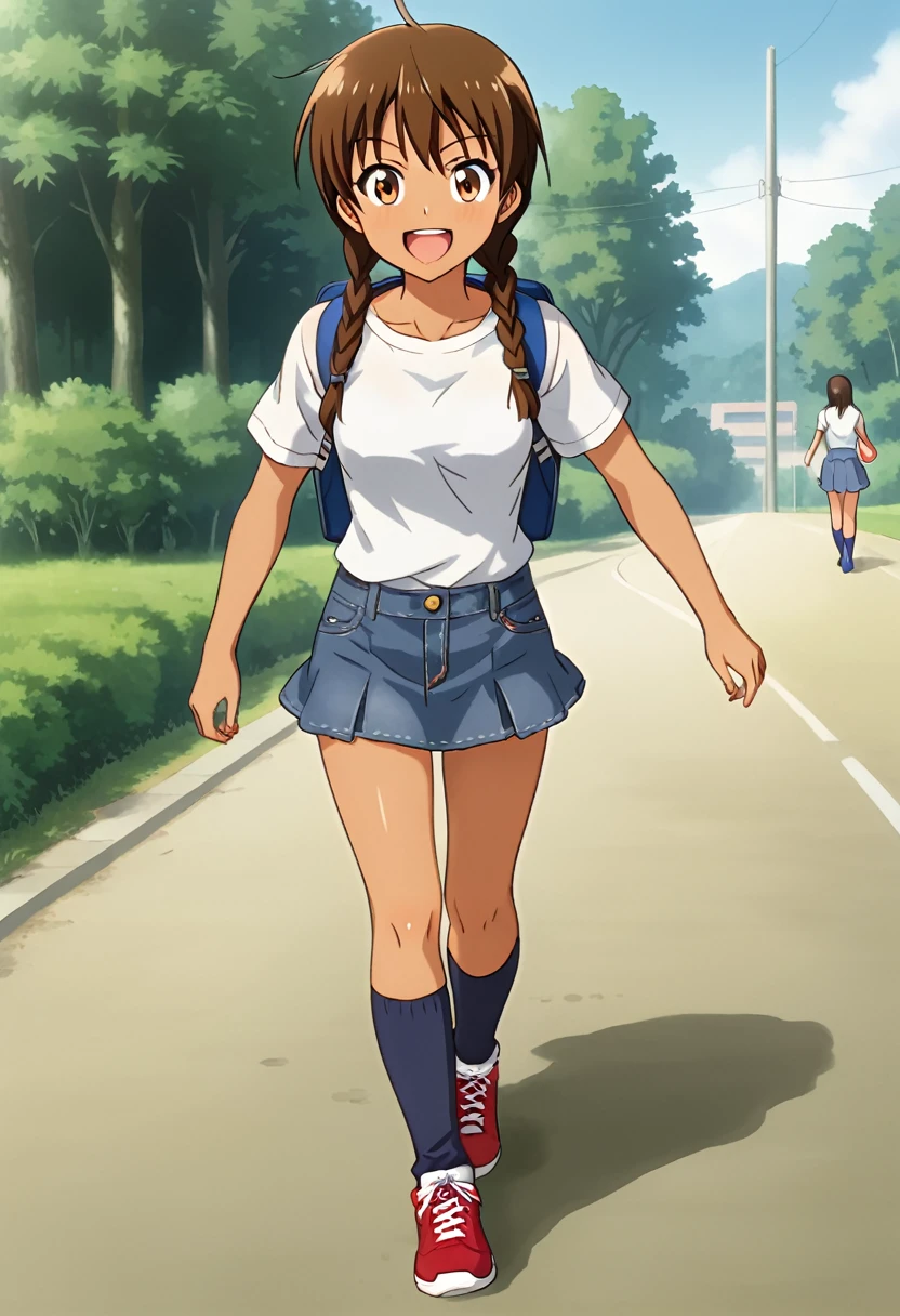 girl 9 years old, sexy , brown eyes, brown hairstyle long braids, tanned, white t-shirt, denim skirt, blue socks, red sneakers, blue backpack, naive smile, excited, walking along a country road, ecchi manga, style Yoshitoshi Abe, CG, HD8K, no text, cinematic, dramatic, POV, dynamic view, full body,
