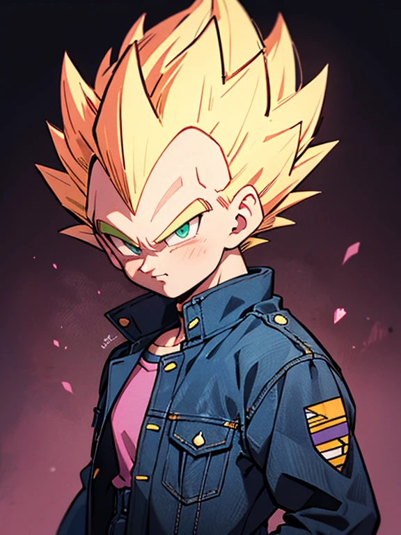 1man, solo, (masterpiece), best quality, ultra-detailed, Vegeta from Dragon Ball Z, super saiyan hair, Retro style, full body. fashion cloth, purple jean jacket, fancy, portrait, upper body, face detail, eyes detail: 1.3, simple background, green eyes, pink shirt
