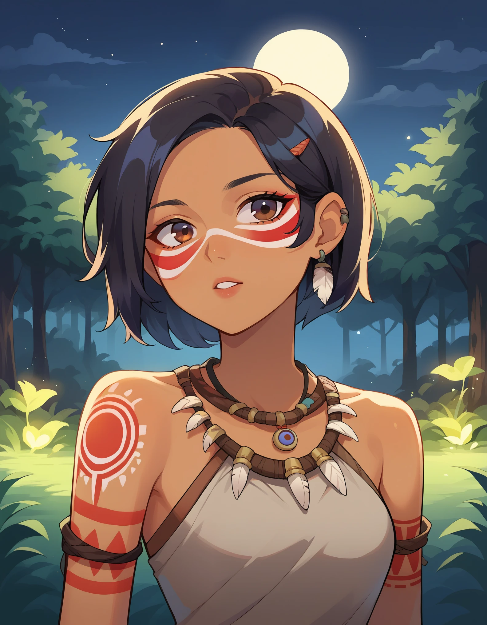 score_9, score_8_up, score_7_up, source_anime, rating_safe, mwk,, 1girl, glowing tattoo, tribal tattoo, loincloth, outdoors, night, rainforest, blacklight, upper body, facepaint, 