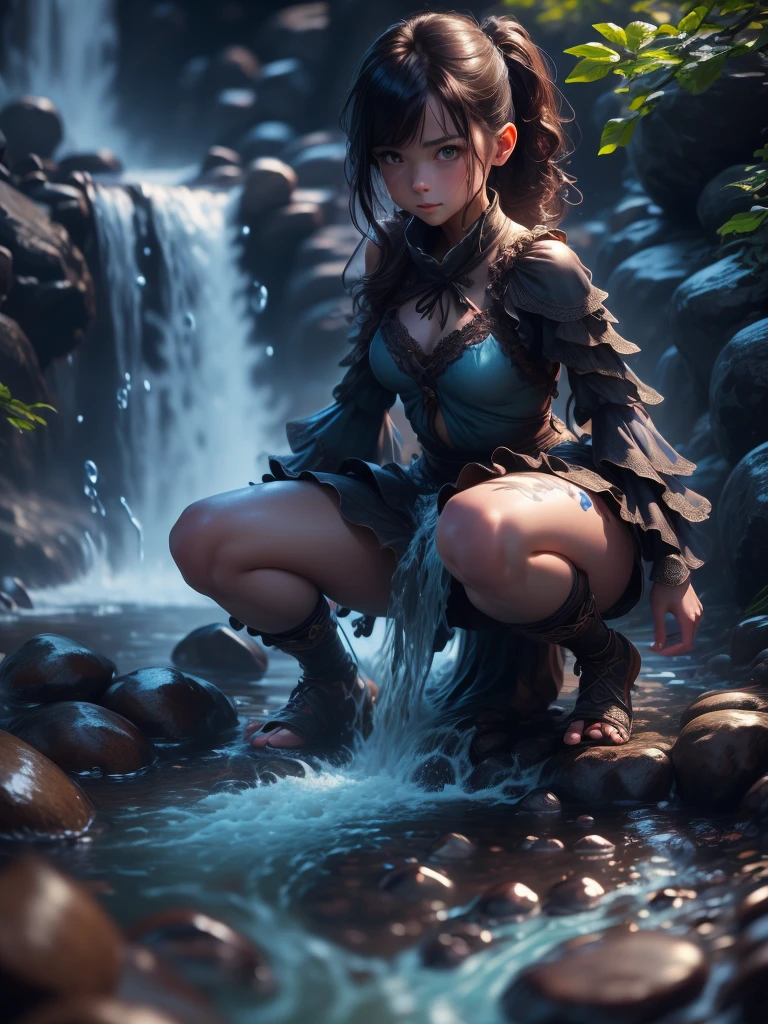 (Top Quality, 8K, High Resolution, masterpiece:1.2), ultra-detailed, realistic, physically based rendering, HDR, colorful lighting, A girl squatting in a stream and splashing water on herself, full body, from below, splash, fractal art, wet body, summer