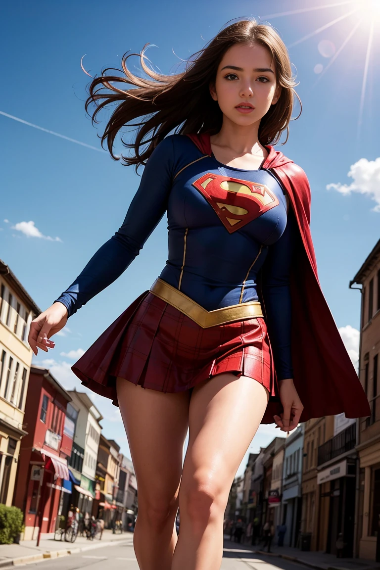 solo, 1girl, m3l1ss, supergirl, brown hair, s0p3r6m3l1s4-smf, blue eyes, blue bodysuit, red cape, realistic,, animification, skirt, flying, buildings, sky, clouds, sun light, hands behind back