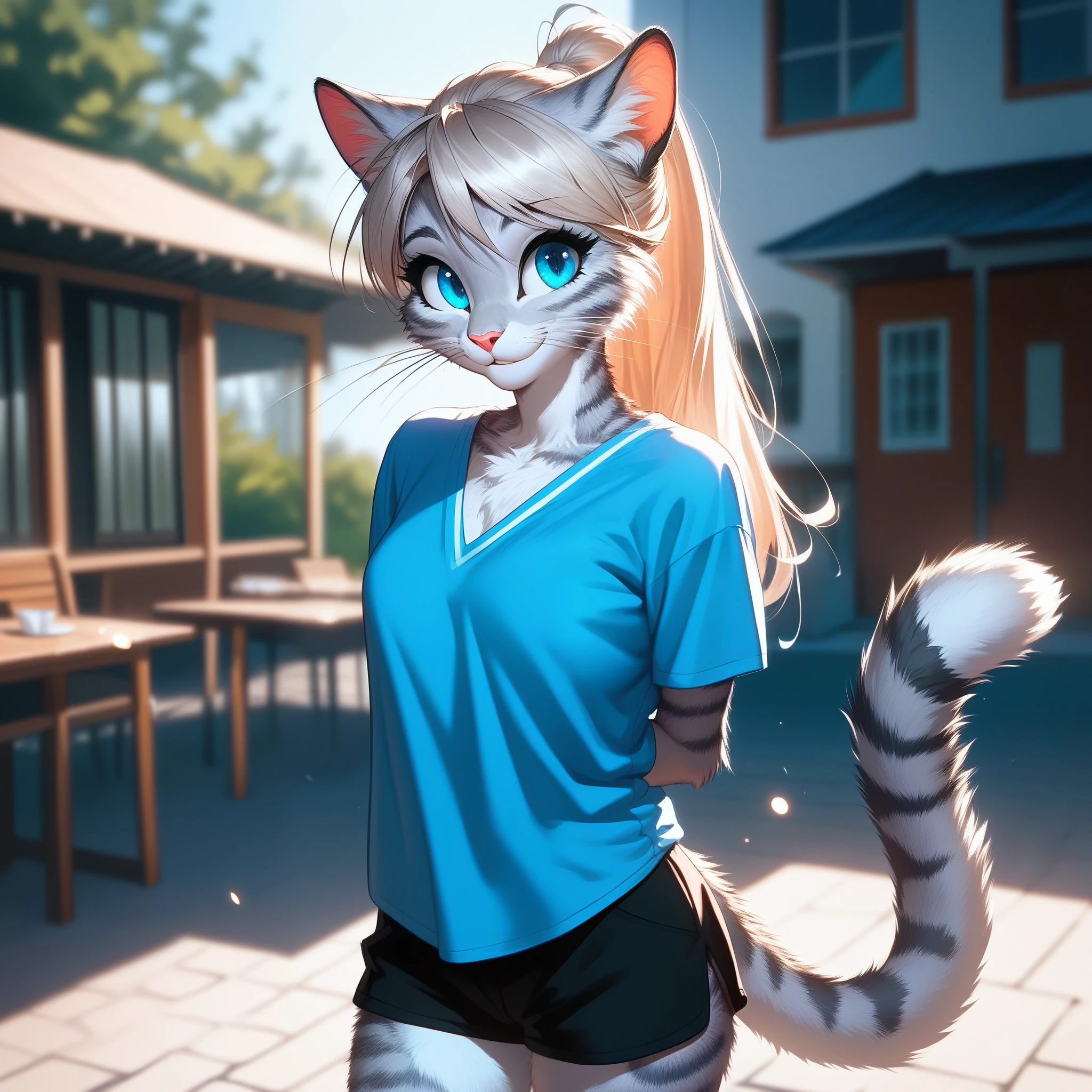 score_9,score_8_up,score_7_up, source_cartoon, source_furry, Kat, a cute Anthro furry feline girl, tall body, hourglass figure, adult female, blue eyes, :3, silver fur, long blonde hair, hair in a ponytail, white whiskers, pink nose, wearing light blue shirt, brown short shorts, bashful pose, hands behind her back, standing, cowboy shot, smiling, outdoors, on a large school campus, 