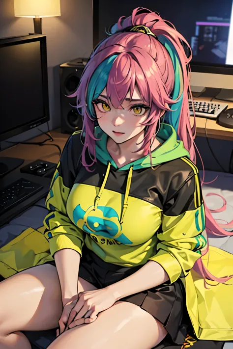 the most beautiful and sexy gamer girl, sitting, playing videogame, rainbow colored hair, yellow eyes, wearing hoodie, graphic t...