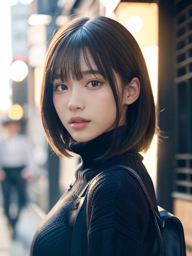 Product quality, 1 girl, ((((Cowboy Shot)))), Front view, Young and cute girl in Japan, At night, Wearing a black turtleneck knit sweater, Wear a miniskirt, Very cute face, Glossy lips, Double eyelids on both eyes, (Natural Makeup), shiny smooth light brown long hair,,, Asymmetrical bangs, Center image, 8K resolution, High detail, Detailed hairstyle, Detailed face, Cinema Lighting, Octane Rendering, Ultra-realistic, Perfect limbs, Perfect Anatomy, 