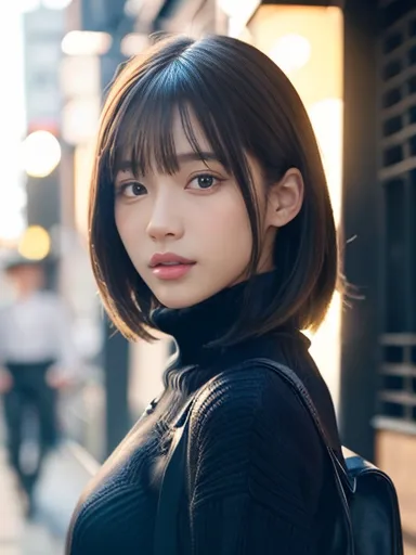 Product quality, 1 girl, ((((Cowboy Shot)))), Front view, Young and cute girl in Japan, At night, Wearing a black turtleneck kni...