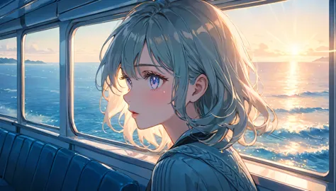 a girl gazing out the window of a ferry, looking at the sea, anime style, highly detailed, beautiful detailed eyes, beautiful de...