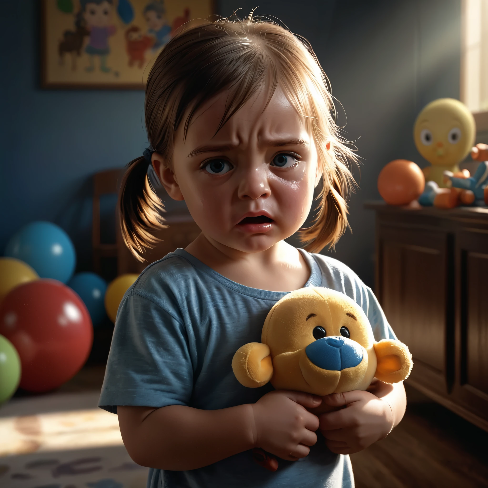 a young girl standing and holding a baby boy's toy, making a mean face, (the baby boy is crying:1.3), highly detailed, cinematic lighting, dramatic shadows, vibrant colors, digital art, realistic, masterpiece