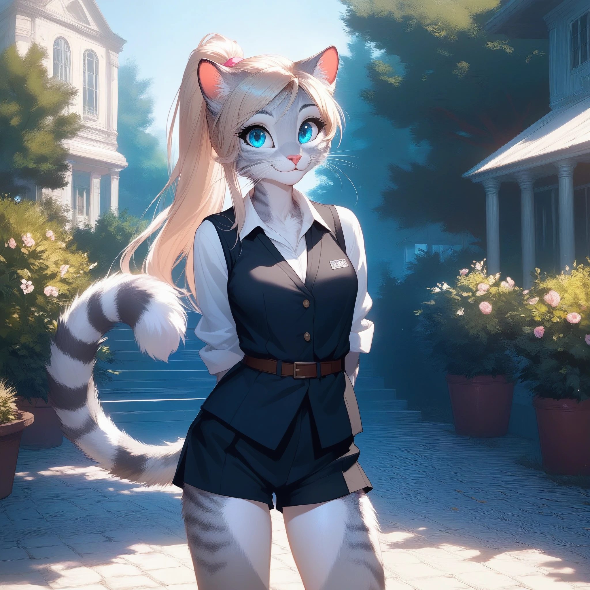 نتيجة_9,نتيجة_8_أعلى,نتيجة_7_أعلى, مصدر_رسوم متحركة, مصدر_فروي, قطة, a cute Anthro فروي feline girl, جسم طويل القامة, شكل الساعة الرملية, أنثى بالغة, عيون زرقاء, :3, الفراء الفضي, شعر اشقر طويل, الشعر في شكل ذيل حصان, شعيرات بيضاء, الأنف الوردي, مرتدي قميص وردي, شورت أبيض قصير, وقفة خجولة, يديها خلف ظهرها, واقفا, طلقة رعاة البقر, يبتسم, في الهواء الطلق, في حرم المدرسة الكبيرة, الخلفية المدرسية