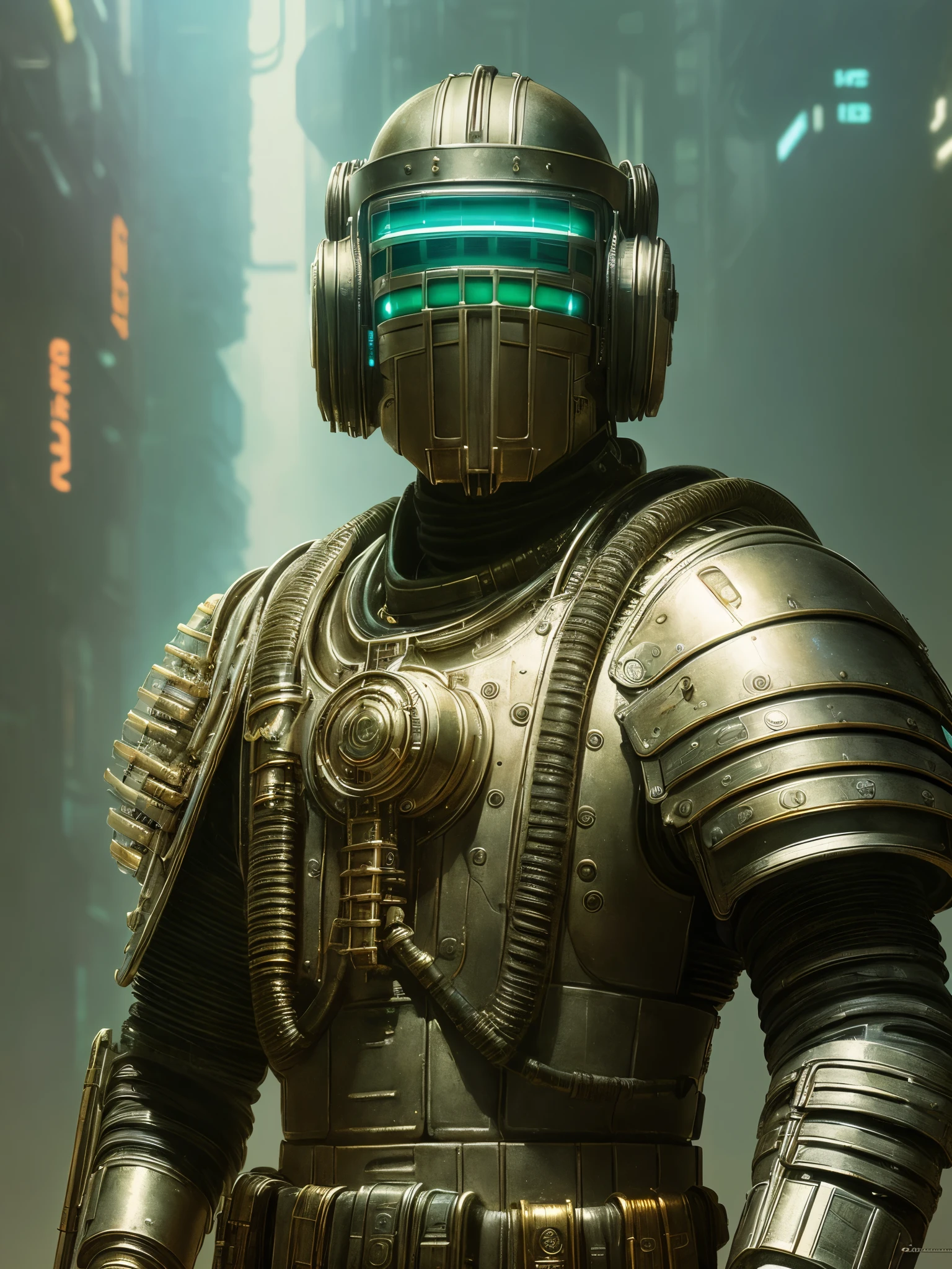 Sci-Fi-Stil,(a realistisch scifi cyberpunk knight),((steam punk)), (Neon-Cyberpunk-Hintergrund), Nahaufnahme Porträtkunst von Donato Giancola und Greg Rutkowski, Vintage-Retro-Scifi, realistisch, digital art,Trends auf ArtStation, 4k,extrem hohe Details, Ultra HD, HDR, 8k, extrem hohe Details