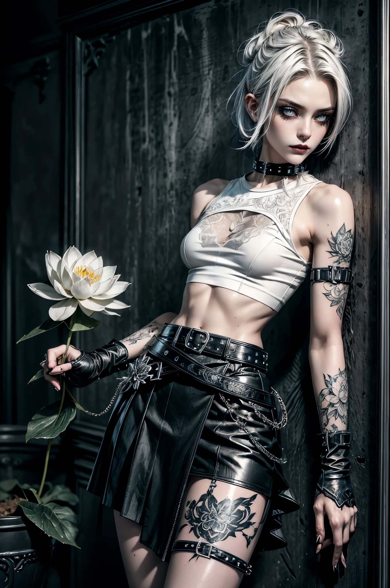 (Detailed illustrations, Very detailed and detailed drawing, Delicate lines with slow and rapid, Realistic texture expression), One woman with very short white hair with black tips, ( emo hairstyle, ), goth, pale white skin, evil smirk, (girls bedroom background), dark lighting, cold atmosphere, lore_Emma , blue eyes , dark eyeliner, (ultra dark glossy black lipstick), bored expression, gorgeous face , super cute, 18 years old , hyper detailed face, (super skinny figure , small breast, thin waist), back leaning against wall, slim legs, slim hips, LowriseXL, (ultra low rise wet look shiny leather skirt with transparent flower pattern), (mesh shirt with flower pattern under bare shoulder white t-shirt), black choker, vulva tattoo, (white lotus flower in hair), ((flower pattern tattoo)), fingerless leather gloves, (black nail polish), faded tattoo's, ((thigh belt)), ((hip chains)), ((belt hanging on hip)), ((many studded belts))