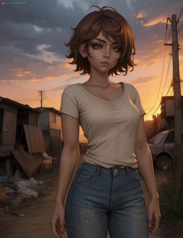 Clementine, brown hair, brown eyes,  medium hair, 
dirty clothes, white shirt,   medium breasts, 
 standing,   leaning to the side, 
cloudy, dusk,  junkyard, 
(insanely detailed, beautiful detailed face,beautiful detailed eyes, masterpiece, best quality),
 