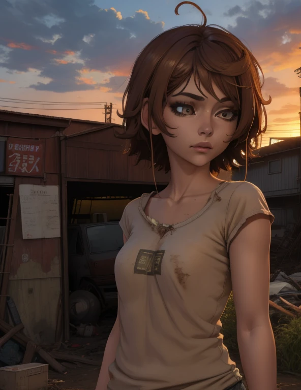 Clementine, brown hair, brown eyes,  medium hair, 
dirty clothes, white shirt,   medium breasts, 
 standing,   leaning to the side, 
cloudy, dusk,  junkyard, 
(insanely detailed, beautiful detailed face,beautiful detailed eyes, masterpiece, best quality),
 