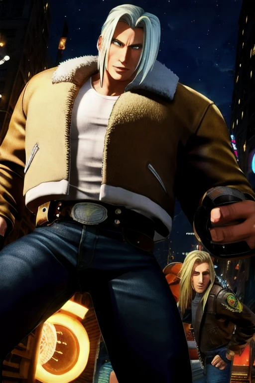 30-year-old man, alone, athletic and muscular, has shoulder-length blonde hair falling on the sides, wears a brown jacket with sheepskin on the lapels, on the arm of the jacket there is a small star in a circle, has a white shirt under jacket, blue jean pants, brown belt with a large mesh, wears black exercise gloves, fighting position looking at viewer, angry gesture, background in a realistically detailed New York alley, cinematic, ultra focus sharp, award winning photography, perfect contrast, high sharpness, depth of field, ultra detailed photography, global illumination, fluid, ultra high definition, 8k, Unreal Engine 5, ultra sharp focus, award winning photography, art season trends,
