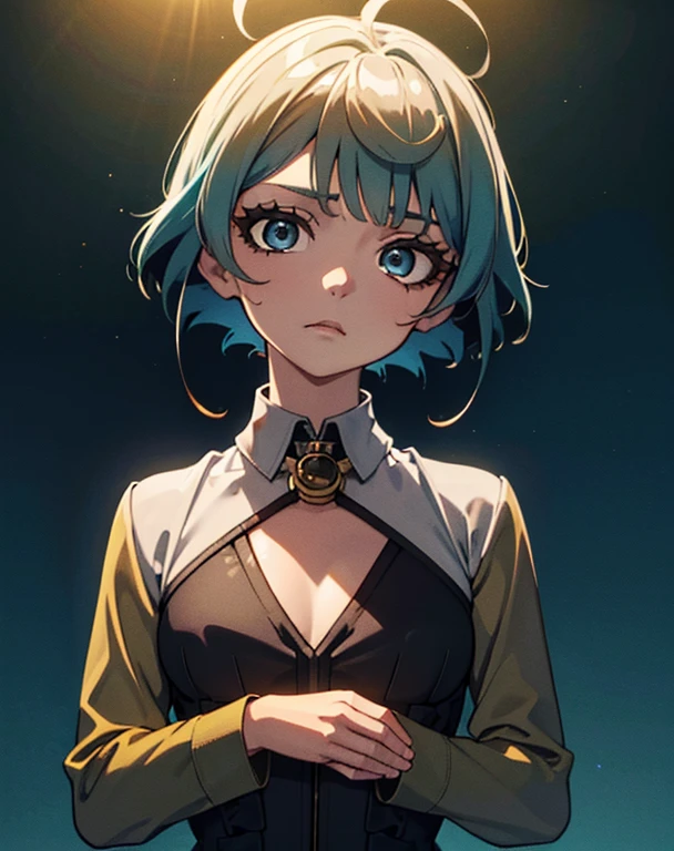 a woman with blue hair and a black jacket, beautiful natural lighting, yellow eye, pretty clothing!, 1 9 th, natural short hair, beautiful goddess, sultry look, light borwn hair, wear's beige shirt, morning light, looking exhausted, ultra detailed, best quality, expressive eyes, perfect face,