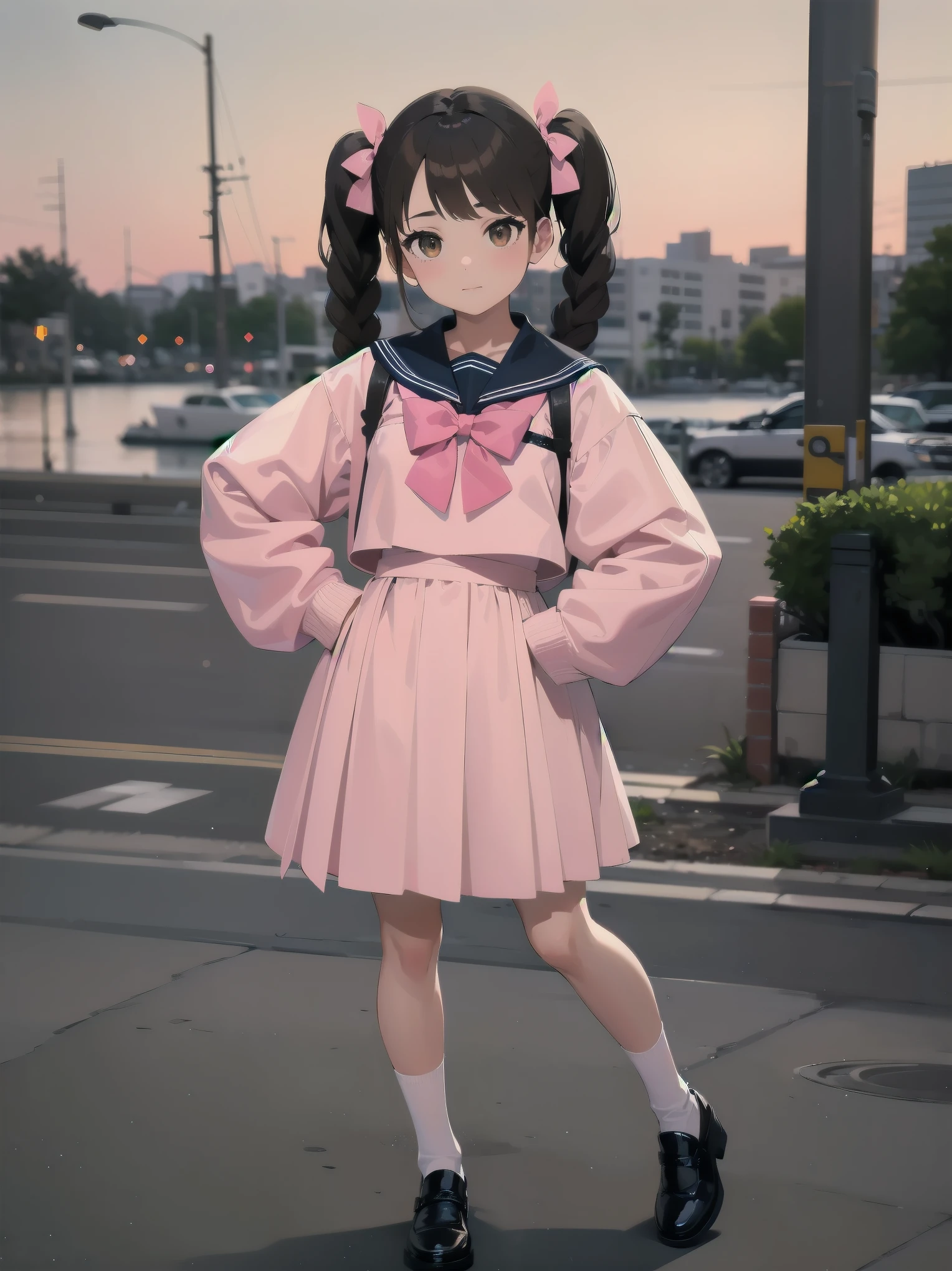1girl, solo, looking at viewer, skirt, brown hair, shirt, long sleeves, bow, twintails, brown eyes, , full body, shoes, socks, sailor collar, black footwear, twin braids, cosplay, blue bow, white socks, pink skirt, photo background, pink sailor collar