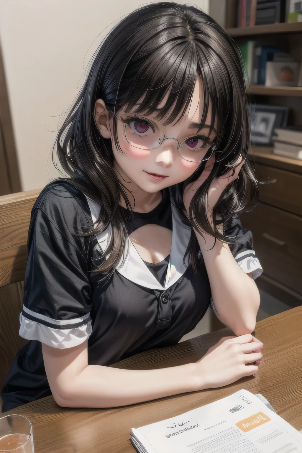 (Tabletop:1.0), (highest quality:1.4), (High resolution:1.2), From the side,Sharp contours,  boyish, highest quality, masterpiece,Glasses,Voice of the Heart,20-year-old woman,yandere,Big Breasts,Chest to chest,Lying face down,Upper Body,Ecstasy,saliva,blush,Squint your eyes,Heterochromia iridis,Tuck up your clothes,lure