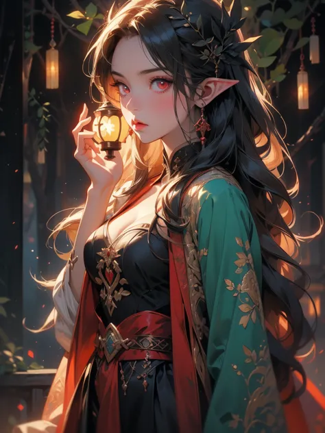 anime girl with red eyes holding a glowing lantern in a dark forest, dark elf, dark fantasy style art, dark elf princess, dnd po...