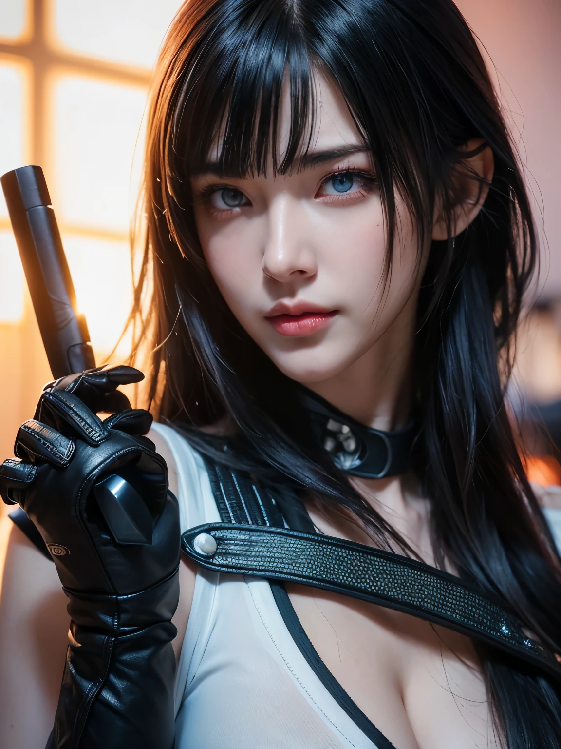 woman holding a gun on a white background, Female cyberpunk girl, cyber punk Girl, Letty in Devil May Cry,White top，denim short，Belt decoration，blue color eyes， Guweiz style artwork, author：Hero, guweiz, cyberpunk angry gorgeous goddess, Female anime characters, cyber punk Girl, Cyberpunk 20 years old. oh oh oh，Model girl, jet black haired cyberpunk girl, (intricate and beautiful:1.2), (detailed light:1.2), (soft lighting, side lighting, reflected light), (colorful, dynamic angle),    fingerless gloves, smug, smile, furrowed brow, standing, fighting stance, portrait,  dynamic pose, light passing through hair,  (official art), (realistic skin texture:1.2), (sharp) ,  HDR, studio lighting, sharp focus, physically-based rendering, extreme detail description,  perfect shape, facing viewer, sweaty, gorgeous, appearing in full frame, good-looking, Beautiful fair skin and luster, Beautiful eyes are big and bright, Small mouth and thin lips, Goodness of style and slendernes), beautiful girl illuminated by seven colors of light, Irridescent coloe, showing off her figure, seductive and confident, enchanting aura, surrounded by cherry blossom trees, delicate and vibrant petals falling all around her, soft pink and white colors, sunlight filtering through the trees, creating a warm and dreamy atmosphere,  medium breasts.