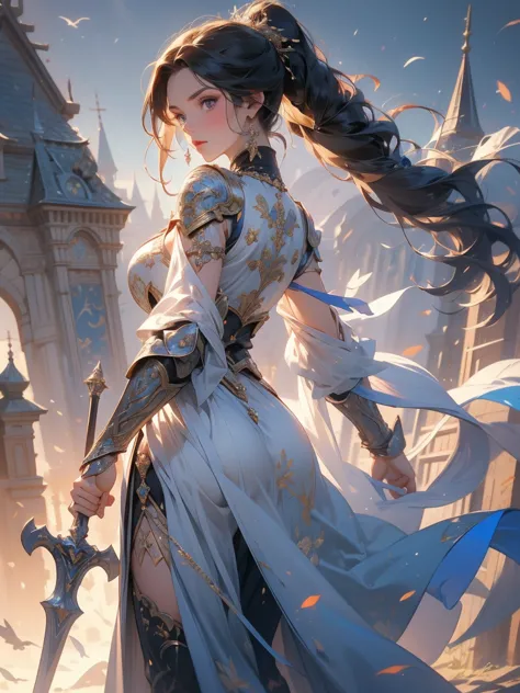 a majestic artwork of a graceful female paladin standing in a grand, medieval landscape. the full-body view reveals her adorned ...