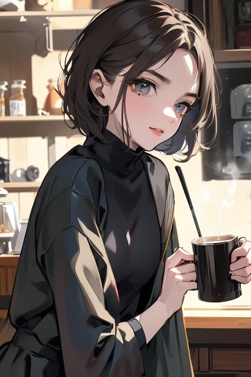 short hair,Dark gray hair,Barista,How to brew drip coffee,mode,Black clothes,Simple clothes,Cool Beauty,Adult,A slight smile on your lips,Small mole under left lip,Cafe,Arched thin eyebrows,1 female