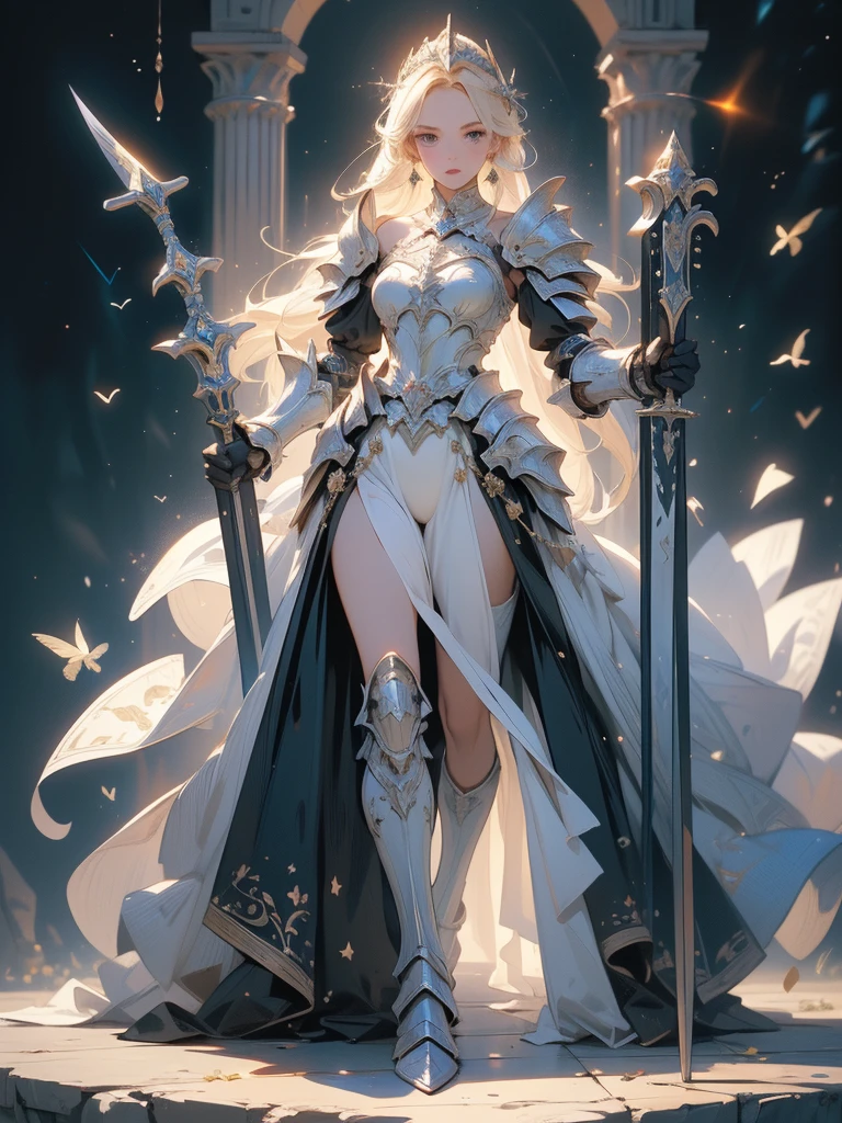 (((masterpiece, best quality, high detailed, 8k))) Design a layout showcase Gaming character, (1girl). valkyrie White|Blue|Gold armor, elegant and majestic. ((showcase weapon:1.4)), celestial sword. (masterpiece:1.2), (best quality), 4k, ultra-detailed. (Step by step design, layout art:1.5), (luminous lighting, atmospheric lighting). divine warrior, ((glove full hands)), (((regal armor:1.3))), shoulder pauldrons, armored boots, (((full_body_shot:1.4))). {In a radiant celestial realm}.