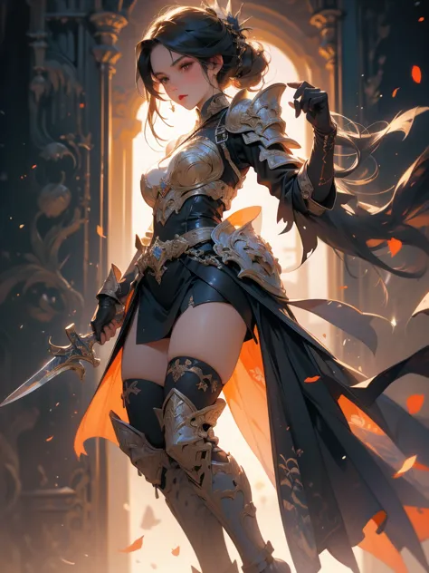 A dark and cursed female game character, wearing ornate black and gold armor, wielding a cursed blade, with dark vambraces and c...