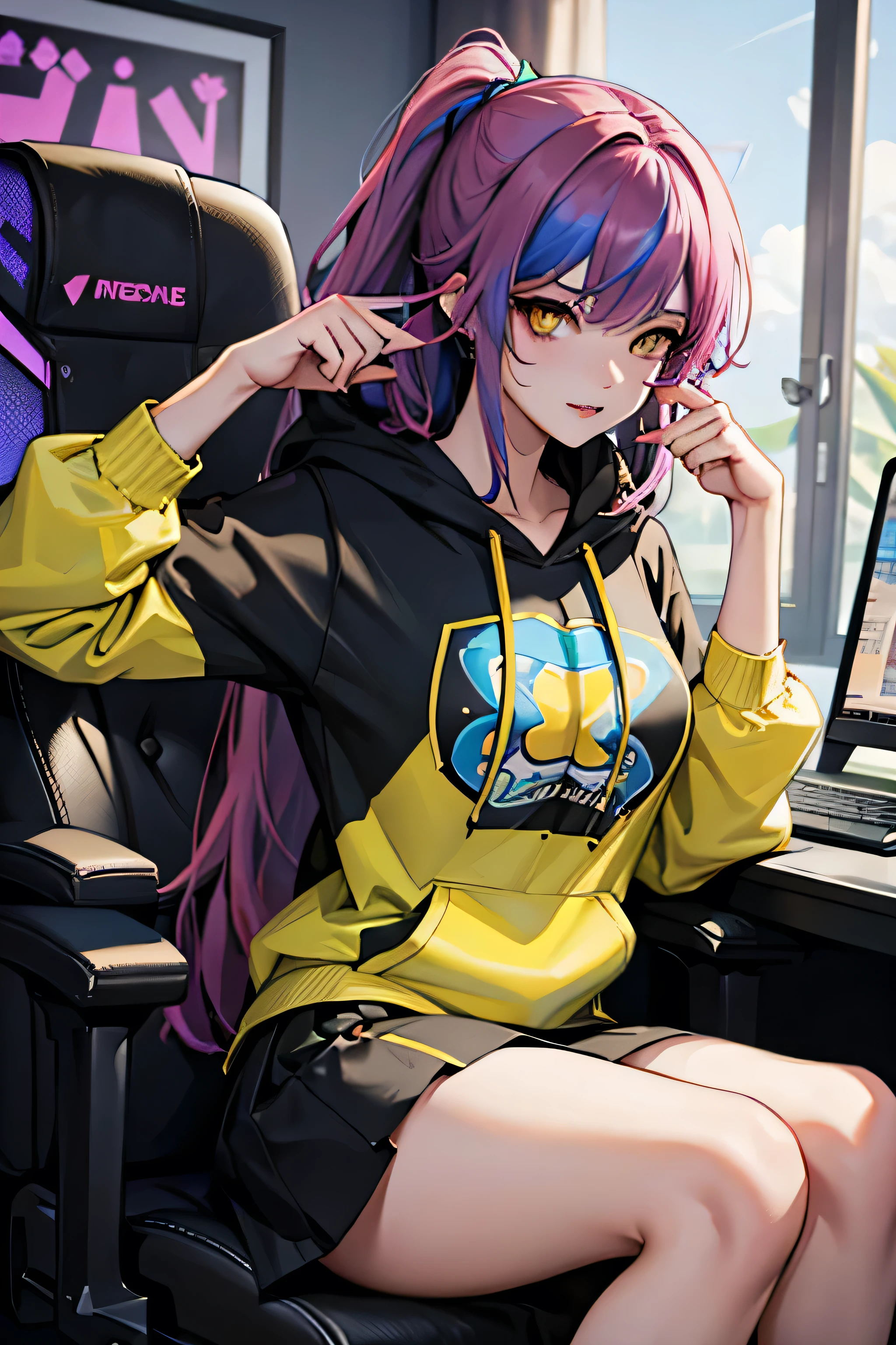 Anime girl sitting in a chair with a laptop and a phone - SeaArt AI