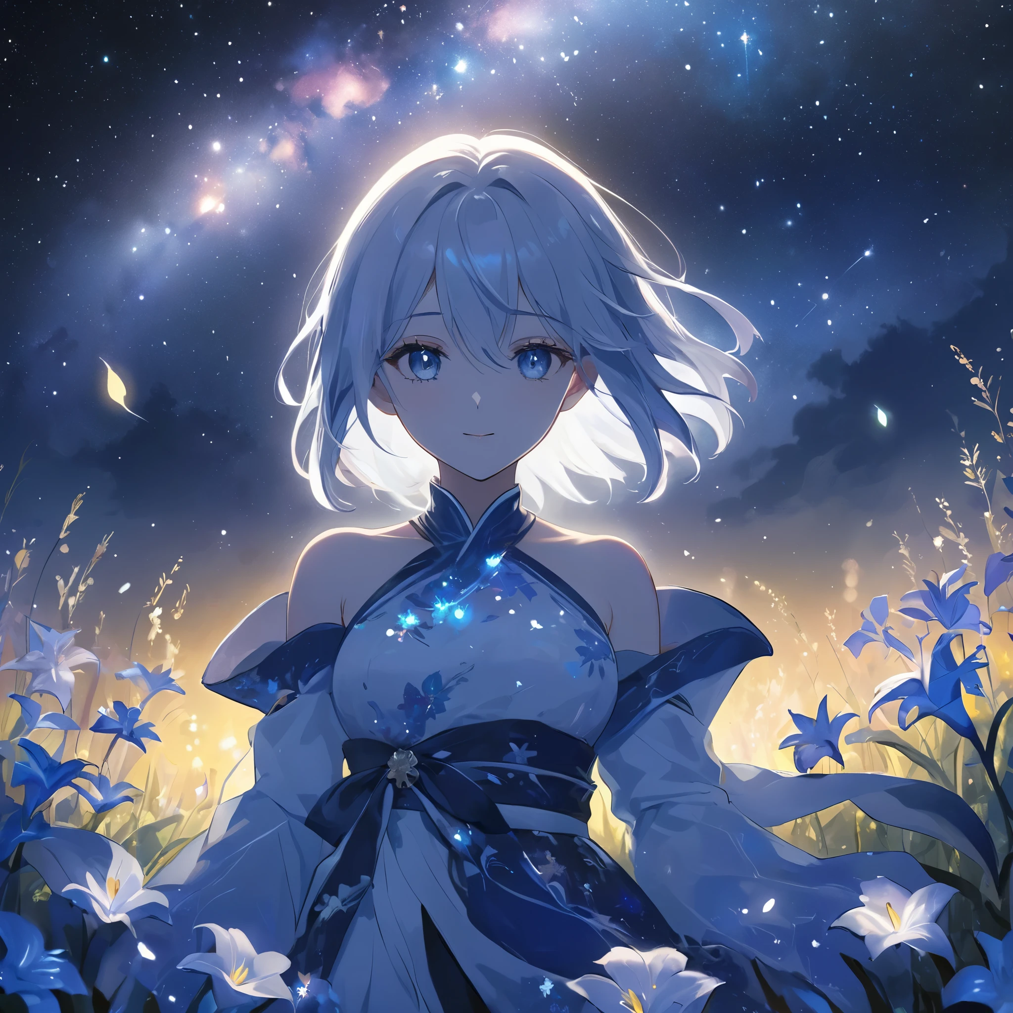 1girl, guizhong_\(genshin_impact\),light grey hair,short_hair_with_long_locks,starry_sky_print,detached_sleeves, long sleeves_past_fingers,sleeves cover hands,short hanfu,illustrated by matsuryuu and agahari and dsmile,stunning field of softly glowing blue and white glaze lilies,night scene,gentle smile,moonlight,glossy lips,cel shading,smooth, soft dreamy focus,anklet,halter_top,white clothes,highly detailed,digital painting,field of flowers,bare_shoulders,barefoot,cool night tones, magical night scene,masterpiece, best quality, film, bokeh, professional, 4k, highly detailed,fireflies,nebula of rainbow and silvery vapor,ladyshadow,realistic:.25,face focus, eye focus