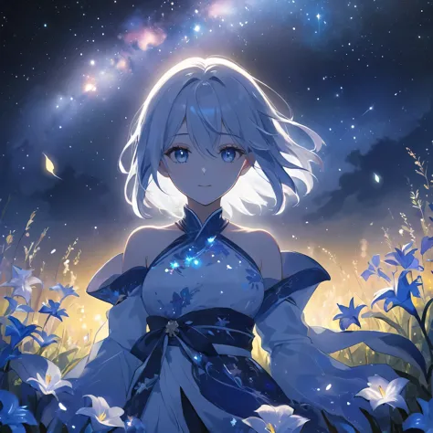 1girl, guizhong_\(genshin_impact\),light grey hair,short_hair_with_long_locks,starry_sky_print,detached_sleeves, long sleeves_pa...