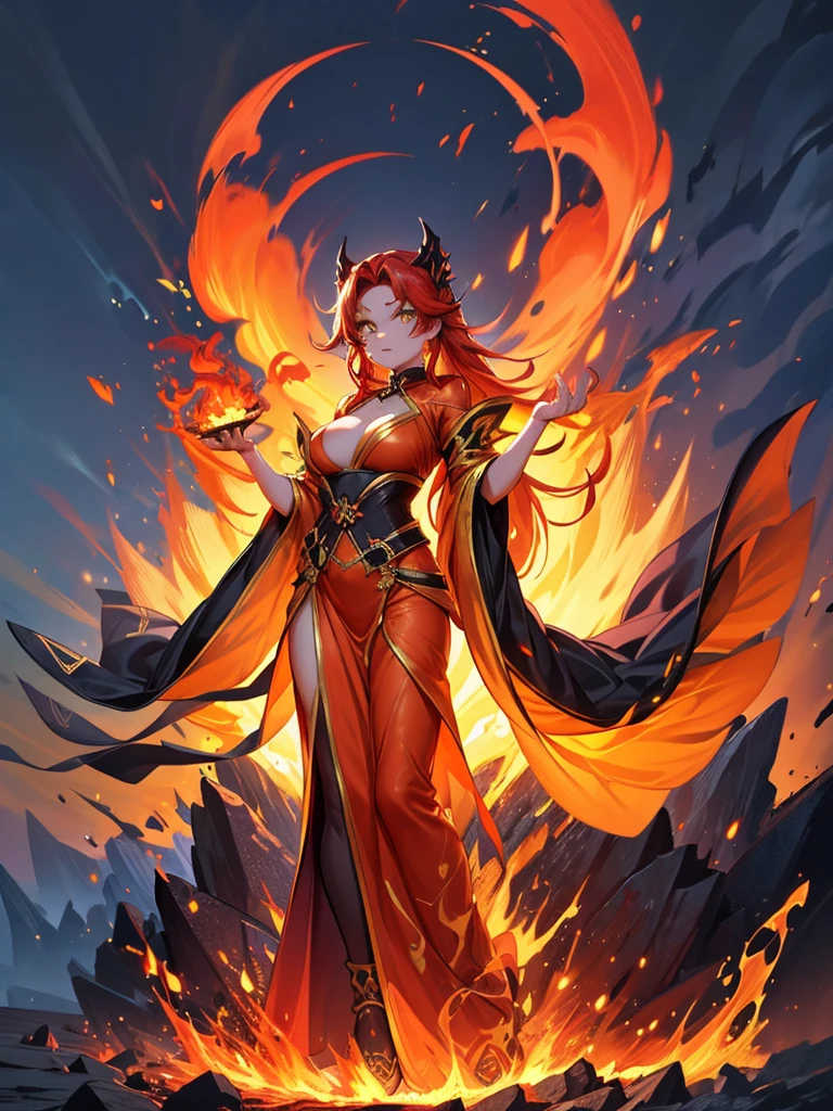 A striking artwork of a fiery and majestic female character amidst a dramatic, fiery backdrop. The full-body view highlights her vibrant gold and red clothes that reflect her fiery nature. Her gradient long hair, transitioning from black to orange to red, flows like flames around her fierce face. Her yellow eyes gleam with determination and courage. She brandishes a flame whip, crackling with fiery energy, enhancing her formidable presence. The setting is a volcanic landscape with molten lava flows and burning embers lighting up the night. The sky is ablaze with the colors of a setting sun, and the ground is scorched and cracked, giving the scene an intense and dramatic atmosphere that mirrors the character’s fiery spirit.
