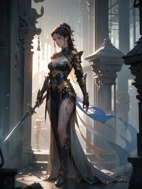 A dark and cursed female game character, wearing ornate black and gold armor, wielding a cursed blade, with dark vambraces and c...