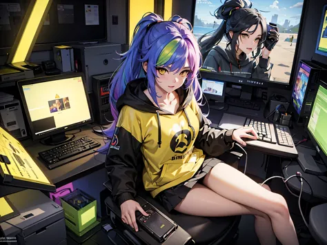 the most beautiful and sexy gamer girl, playing videogame, playing computer, rainbow colored hair, yellow eyes, wearing hoodie, ...