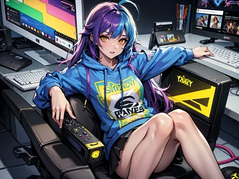 the most beautiful and sexy gamer girl, playing videogame, playing computer, rainbow colored hair, yellow eyes, wearing hoodie, ...