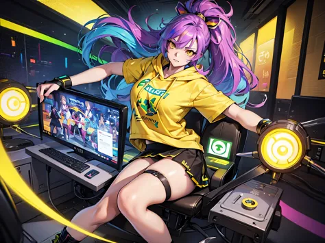 the most beautiful and sexy gamer girl, rainbow colored hair, yellow eyes, wearing hoodie, graphic t-shirt, skirt and highly det...